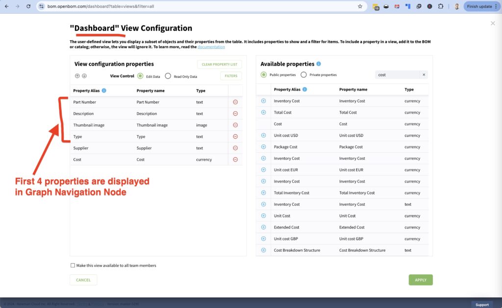 Configure view to set 4 properties for graph navigator